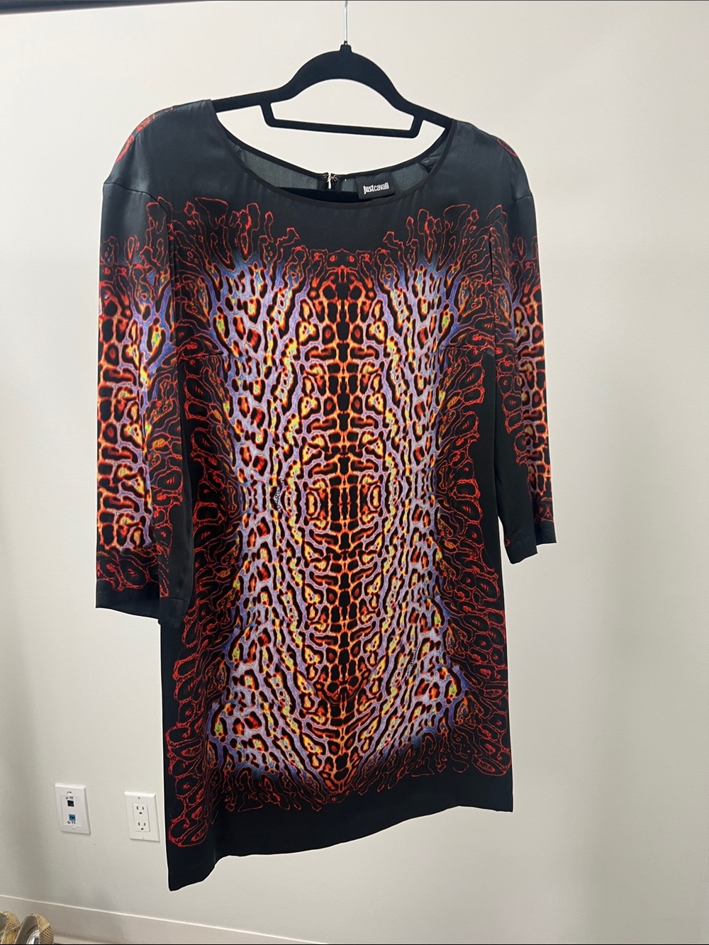 Just Cavalli Black Silk Tunic Dress with Multicolor Animal Motif